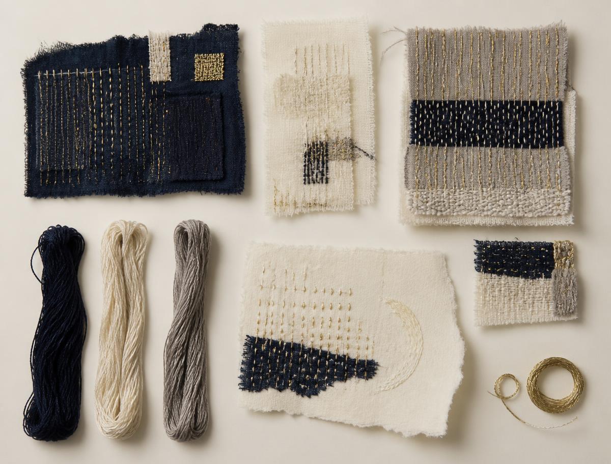Fiber art samples in midnight blue, cream, and warm gray with gold thread