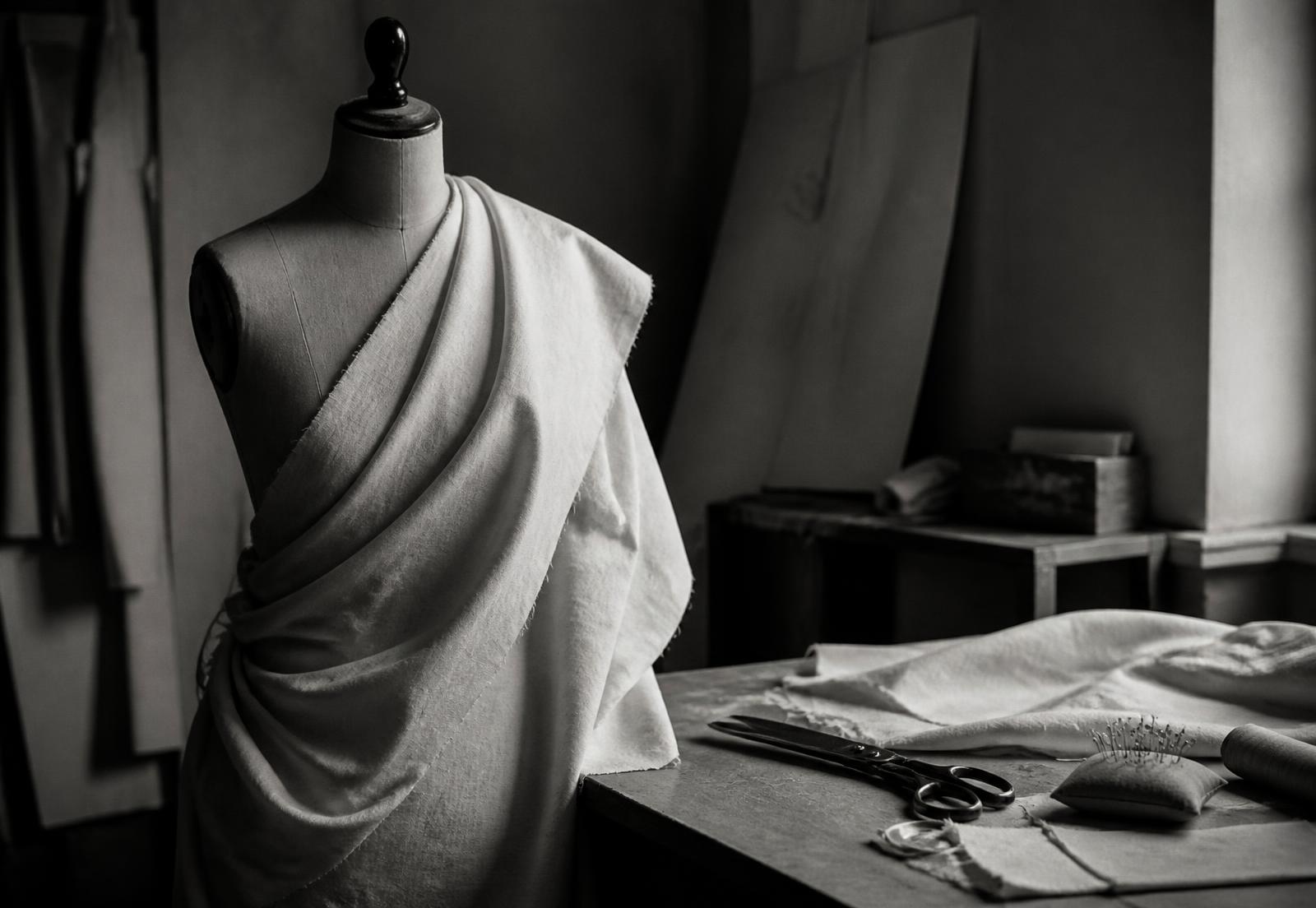 Muslin draped on a dress form beside tailoring shears in an atelier