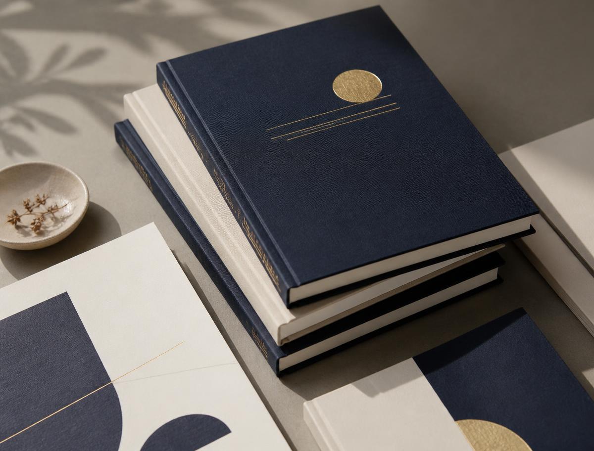 Cloth-bound journals in midnight blue and cream with gold foil detail